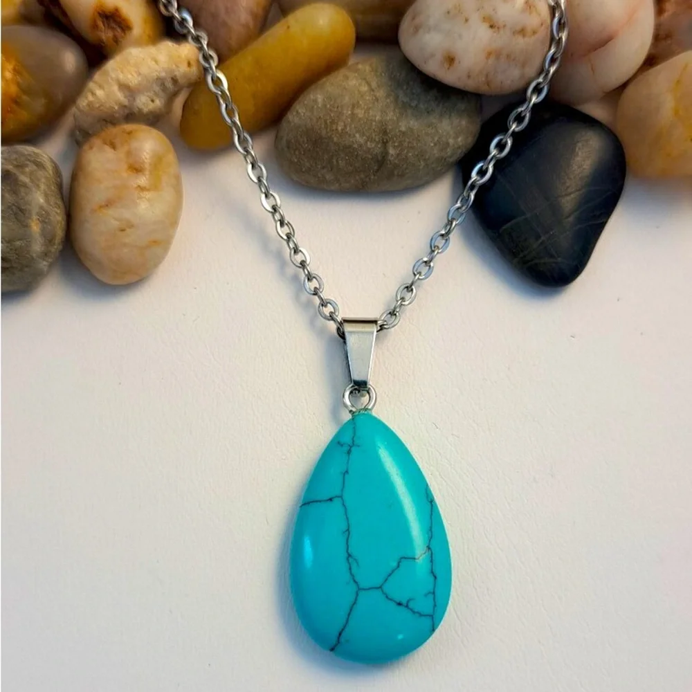 New Handmade 925 Sterling Silver Natural Turquoise Water Drop Necklace